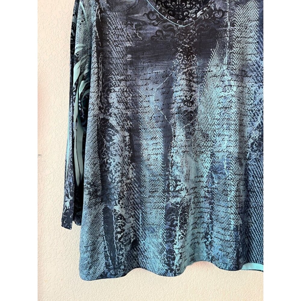 Jess & Jane Womens Printed Blue Denim Effect 3/4 Sleeve T-Shirt XL Blue Studded - Picture 3 of 9